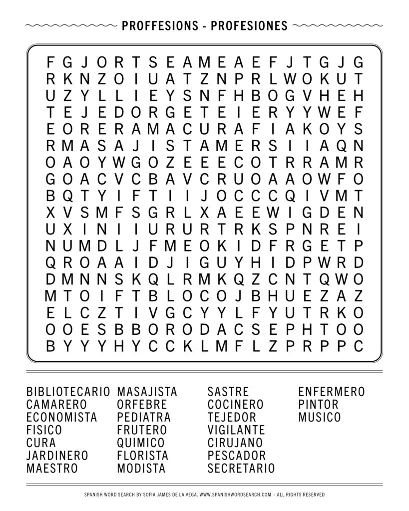 Spanish Word Search about Proffesions Puzzle with jobs in Spanish