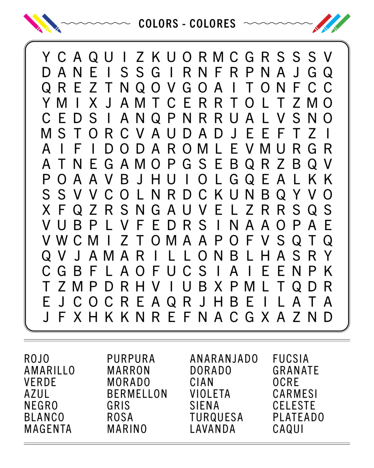 Spanish Colors Word Search Free Printable to Learn the Colors
